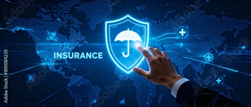 global insurance security concept with hand reaching for virtual protection shield
