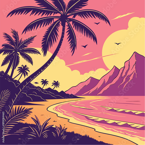 Tropical beach landscape with palm trees, ocean, mountain and sunset scenery