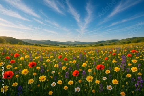 Wildflower meadow blooming under a blue sky, vibrant poppies, daisies, and lupines in a colorful springtime landscape