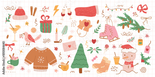 winter pattern, cute illustration.  tree, stars, dots, snow, simple  design. hand drawn doodles are isolated on a pink background. A trend concept for print, banner, social network, poster. vector arе