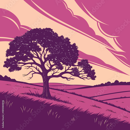 A lone tree stands on a hill under a pink sky, vector illustration