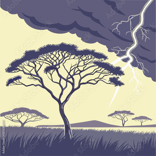 African savanna landscape with acacia tree under a stormy sky at night