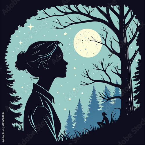 Silhouette of woman looking at moon in forest at night in vector format