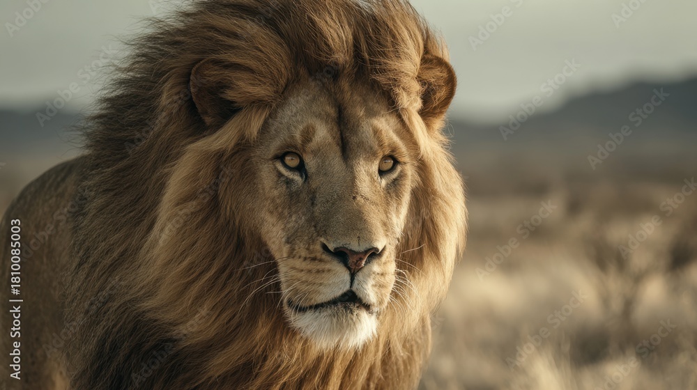 Obraz premium A powerful lion surveys its surroundings its mane shimmering in the soft morning light.