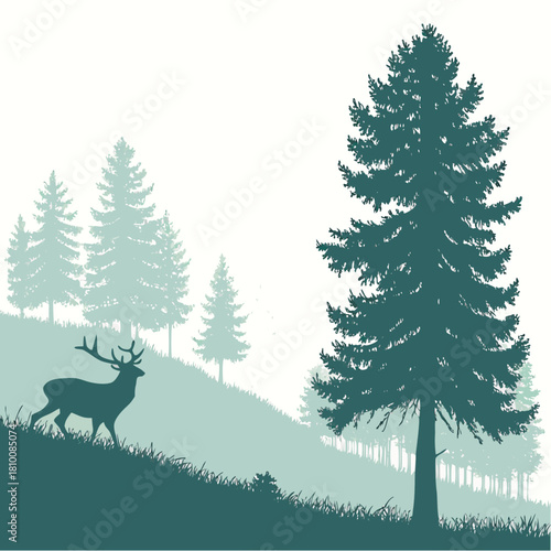 Deer in a forest with pine trees on a misty morning landscape