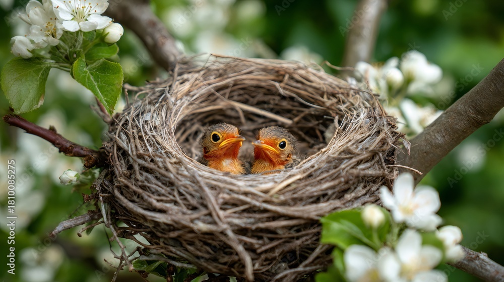 Naklejka premium Two small baby birds, or chicks, nesting together in a woven bird's nest. Spring new life and wildlife concepts