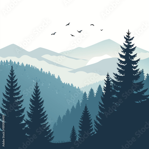 Blue mountain landscape with fir trees and birds isolated on