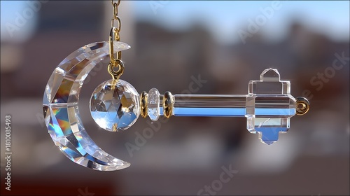 Crystal suncatcher with moon and star shapes hanging in a window indoors