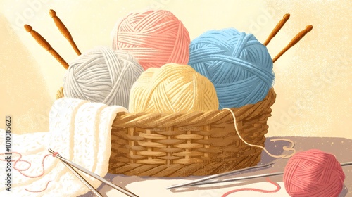 Basket filled with colorful yarn balls and knitting needles on table