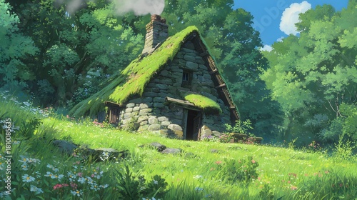 Charming stone cottage nestled amidst lush greenery in a peaceful countryside