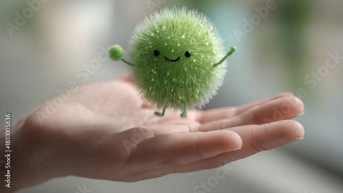 A smiling green round bacterium jumping on a human palm, looking cute and friendly, concept of microorganisms, hand cleanliness, hygiene, and health