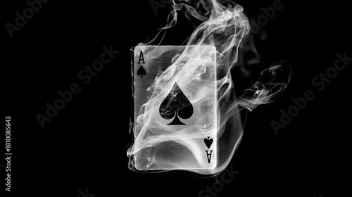 Ace of spades playing card surrounded by smoke on a black background