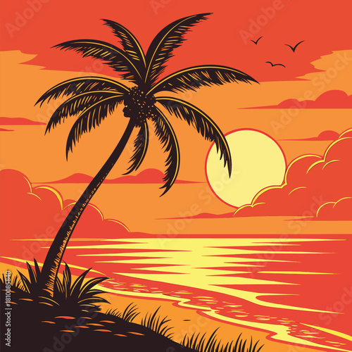 Tropical beach with palm tree, ocean, and sunset in a vintage style