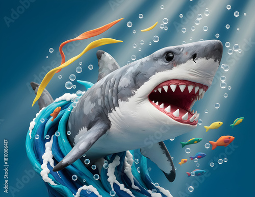 Shark swimming in the ocean with an open mouth full of teeth