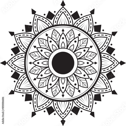 Intricate Mandala Art: An illustration of a black and white mandala, a symbol of wholeness and spiritual journey, perfect for meditation and relaxation. 