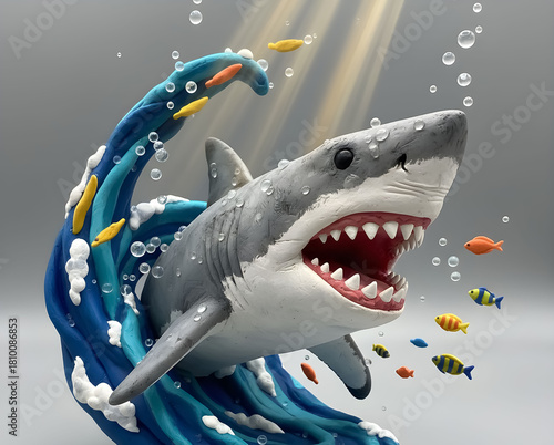 Shark swimming in the ocean with an open mouth full of teeth