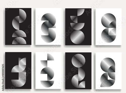 Abstract geometric posters set with fine line textures - modern geometric circles and semicircles pattern created with thick and bold lines for modern design. Shapes for posters and branding. 