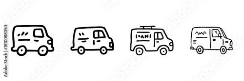 Delivery Vans Line Icon Set In Doodle Style. Transportation, Logistics, And Courier Service Outline Sketch Collection. Hand Drawn Isolated Vector Illustration
