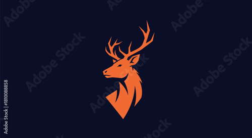 An orange deer silhouette, facing left, with detailed antlers, on a dark blue background