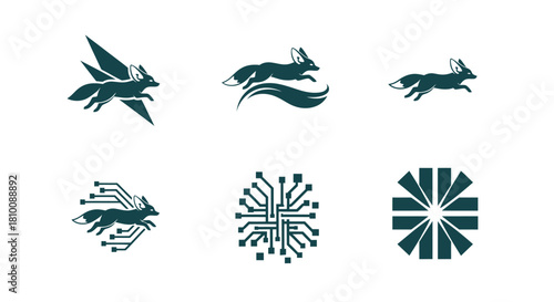 Six stylized emblems. Foxes and circuit boards form the central motifs, displayed in shades of teal