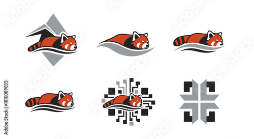 Six minimalist logos. Each logo features a stylized red panda on a wave, or integrated in an abstract shape