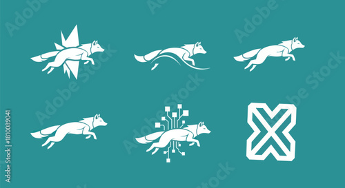 Various white stylized leaping canines and an X-shaped mark against teal backdrop