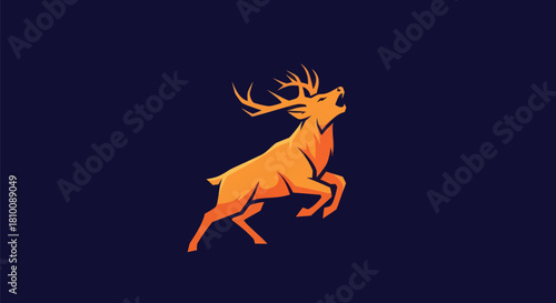 A stylized deer leaps upwards, silhouetted in warm hues against a dark blue background