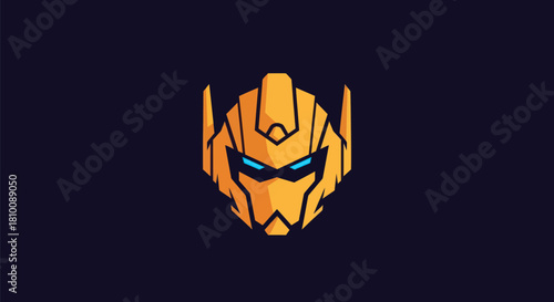 A robot head logo, golden-yellow with blue eyes, set against a dark blue background