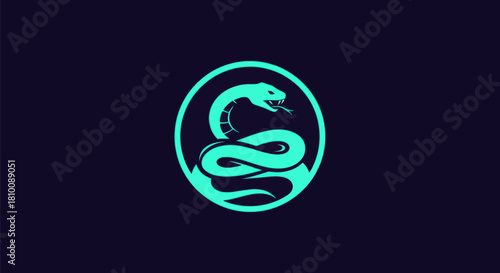 An oval-framed snake in teal on dark purple.  Its tongue is out. Body coils