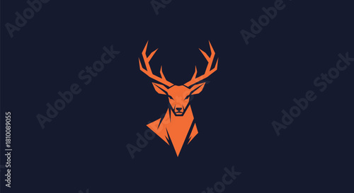 Minimalist orange deer graphic on a dark blue background. The animal is facing forward