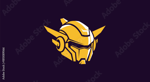 A stylized robotic head in yellow against a dark background, with angular features