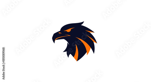 A stylized eagle head, dark navy with orange accents, facing left, with an intense glare
