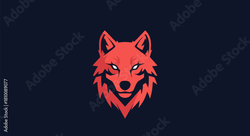 A stylized illustration of a wolf's head in red against a dark blue background