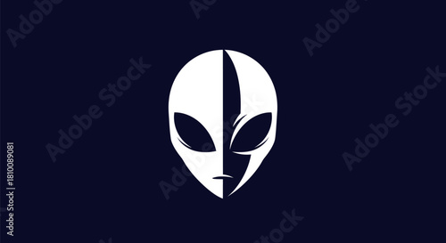 A white alien head graphic split down the center on a dark blue background