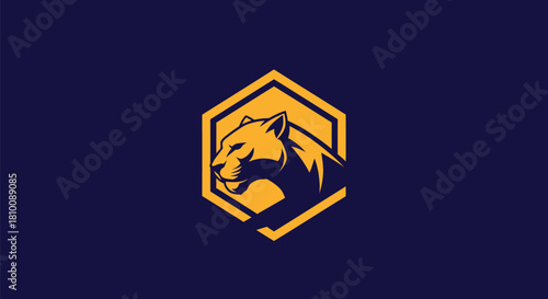 A stylized golden cougar head within a hexagon frame, centered on a dark blue background