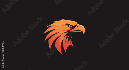 An orange, stylized eagle head with sharp features and piercing gaze against a black backdrop