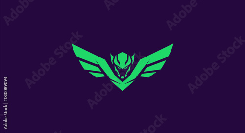 Green, geometric emblem featuring a stylized creature with wings on a purple background