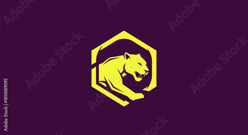 A stylized big cat emblem within a hexagon on a purple background