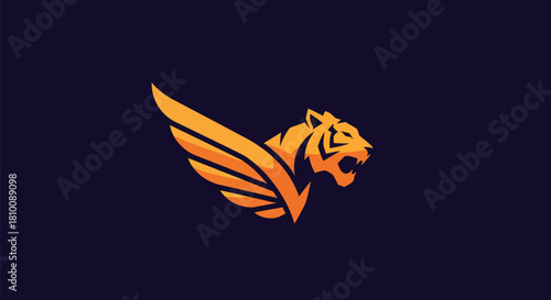 A stylized tiger with wings, in shades of orange against a dark purple background