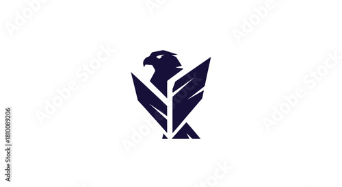 A minimalist logo featuring a stylized bird of prey within a shield shape
