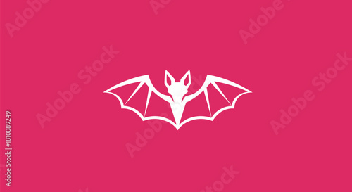 White stylized bat silhouette with spread wings against a vibrant pink background