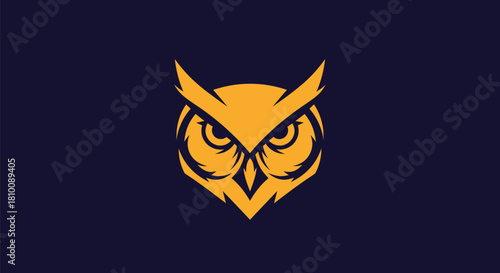 A stylized owl head in gold against a navy blue background, symmetrical, with sharp lines