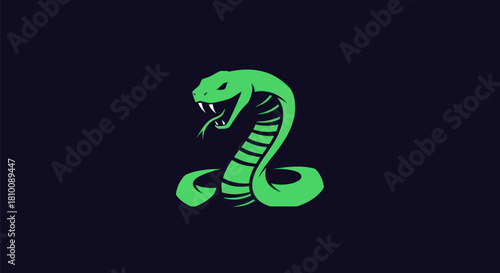 A stylized green cobra with fangs and forked tongue against a dark blue-purple background