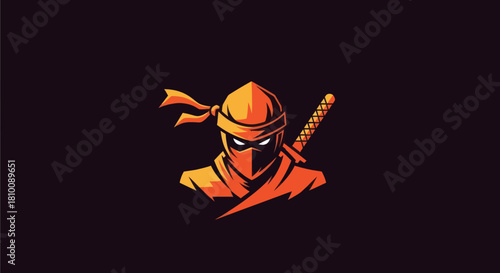 Orange ninja graphic with mask, bandana, sword, dark background
