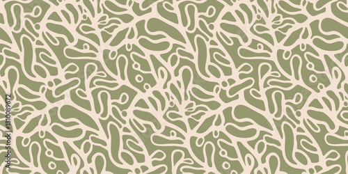 Abstract organic vector seamless pattern. Stylish texture with liquid shapes, botanical elements, cellular structures, natural forms. Simple green and beige background. Repeat design for endless print