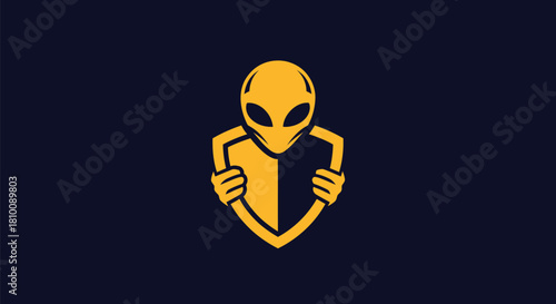An alien holding a shield, yellow graphic on navy blue background