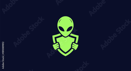 Neon green alien figure holding a shield against a dark blue backdrop