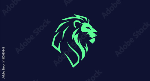 A neon green stylized lion head profile against a dark blue background
