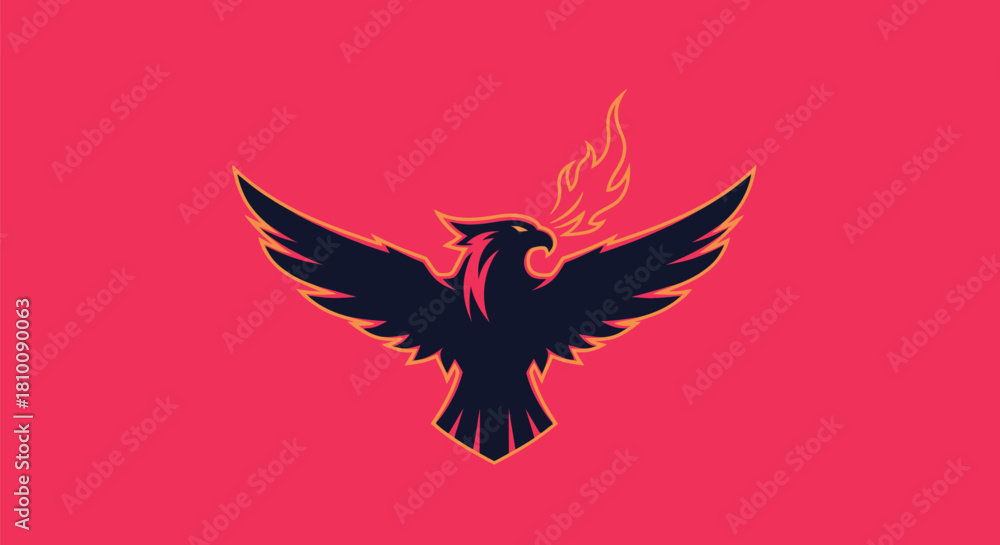 Obraz premium A black stylized bird with orange accents and flame breathing, set against a pink background