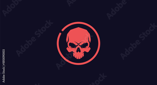 A stylized red skull within a broken circle, centered against a dark blue background